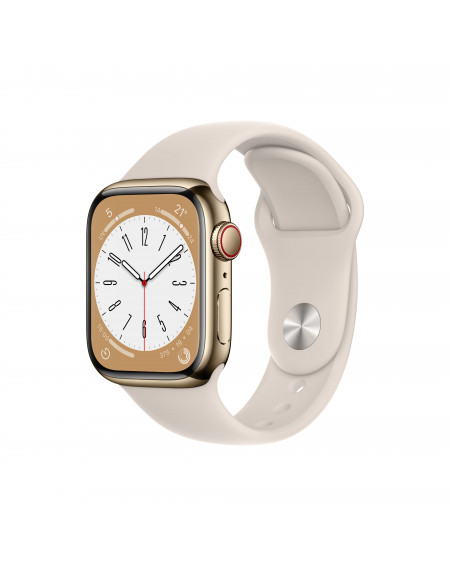 AppleWatch S8 Cellular 41mm boitier acier inoxydable Or avec bracelet sport Lumière stellaire - Regular