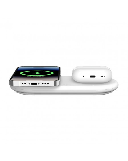 Station de Charge par induction BoostCharge Pro 15W 2-en-1 Qi2 pour iPhone + AirPods - Compatible MagSafe - Belkin - Blanche