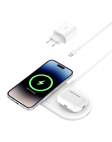 Station de Charge par induction BoostCharge Pro 15W 2-en-1 Qi2 pour iPhone + AirPods - Compatible MagSafe - Belkin - Blanche