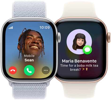 An incoming call on an Apple Watch Series 10 and an incoming text on another Apple Watch Series 10.