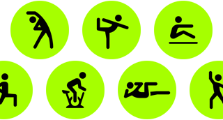 Activités de l’app Exercice, notamment Fauteuil, Yoga, Rameur, Renforcement fonctionnel, Basket-ball, Vélo d’intérieur et Gainage, représentées par des icônes