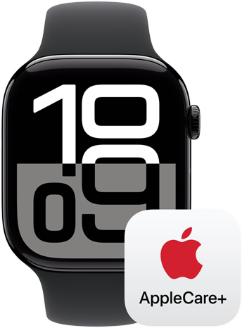 Apple Watch Series 10 à côté du logo AppleCare+, représentant la couverture AppleCare+