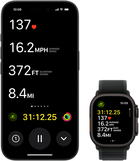 Live Activity showing a person's biking metrics on both their Ultra 2 and their iPhone