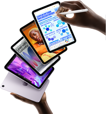 Five iPad mini models are shown in a fan formation held by a user's hands. One model shows the back camera, the other four are front facing. Apple Pencil Pro is being used to take notes