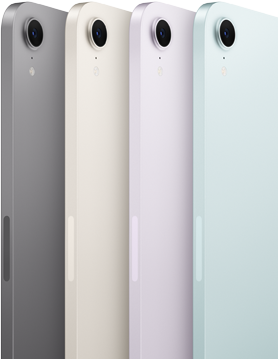 Vue arrière de quatre iPad mini montrant la caméra et les couleurs disponibles : gris sidéral, lumière stellaire, mauve et bleu