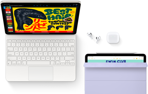 iPad Air fixé à un Magic Keyboard, avec AirPods Pro, Apple Pencil Pro et Smart Folio