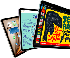 Trois écrans d’iPad Air montrant iPadOS et des fonctionnalités d’apps
