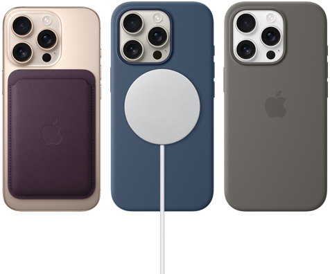 Trois iPhone 16 Pro, vue arrière, avec accessoires MagSafe fixés : Porte-cartes en tissage fin avec MagSafe pour iPhone, Chargeur MagSafe et Coque en silicone avec MagSafe pour iPhone