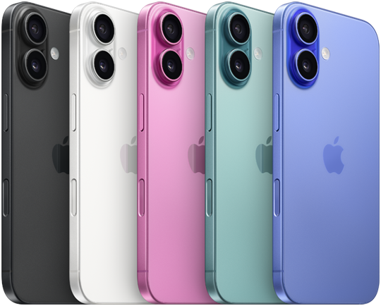 iPhone 16, vue arrière, système avancé à deux caméras en saillie, logo Apple au centre, dans les cinq finitions, noir, blanc, rose, sarcelle, outremer